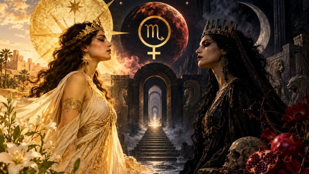 Venus retrograde in Scorpio: Inanna in gold and Ereshkigal in black facing each other before the seven gates of the Underworld