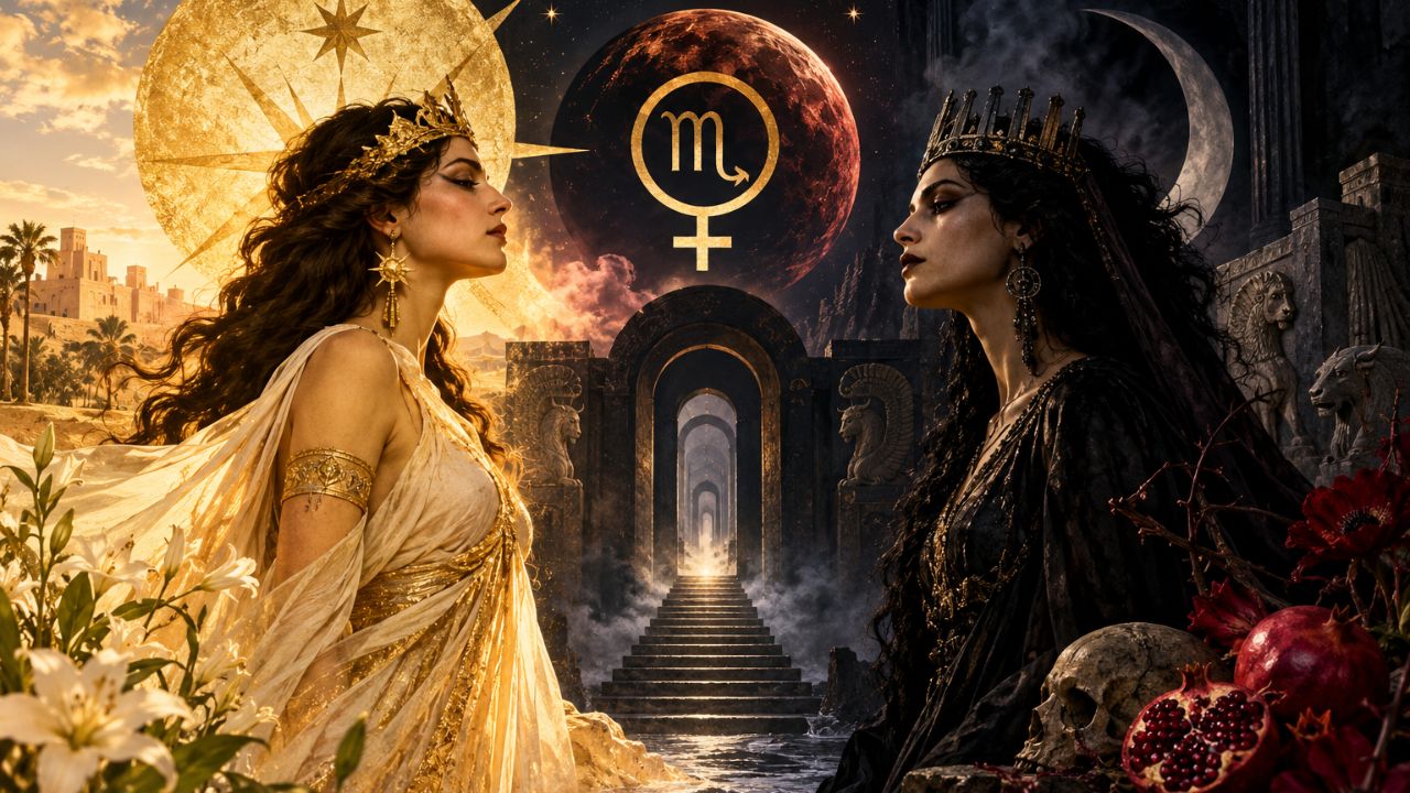 Venus retrograde in Scorpio: Inanna in gold and Ereshkigal in black facing each other before the seven gates of the Underworld